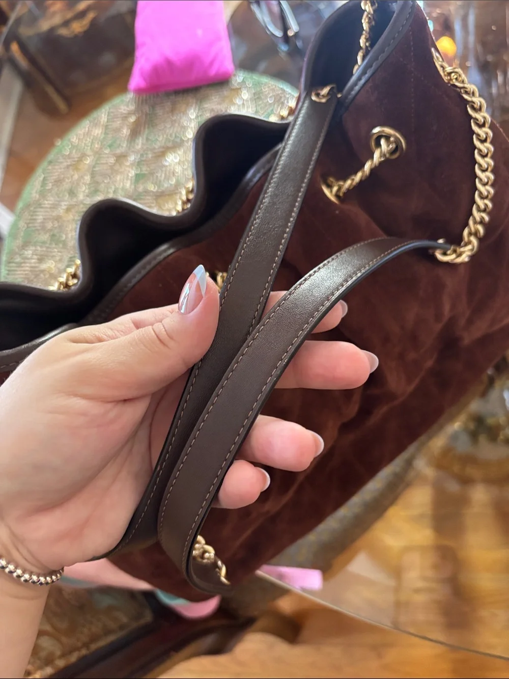 Coach Dark Brown Suede Shoulder Bag with Gold Chain Straps